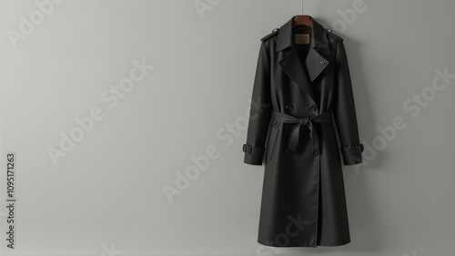 Black Trench Coat Hanging on Wooden Hanger Against Grey Background photo