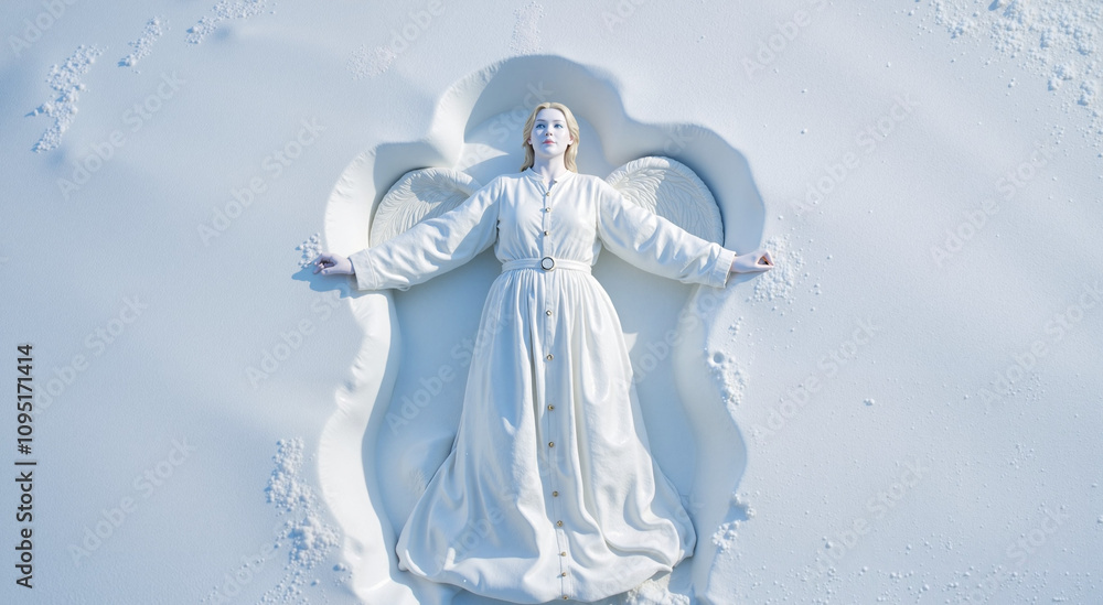 Woman creating a snow angel in a flowing white dress on a snowy canvas Woman creating a snow angel in a flowing white dress on a snowy canvas