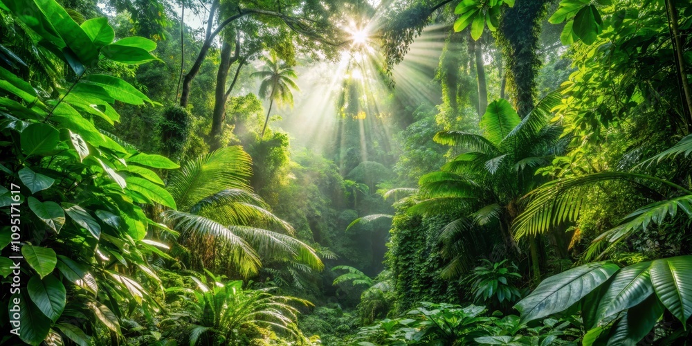 Sunbeams Through the Jungle Canopy Lush Greenery and a Misty Atmosphere Sunbeams Through the Jungle Canopy Lush Greenery and a Misty Atmosphere