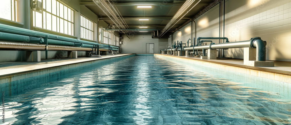 Water treatment facility with clear blue water flowing in a modern industrial complex during day time Water treatment facility with clear blue water flowing in a modern industrial complex during day time