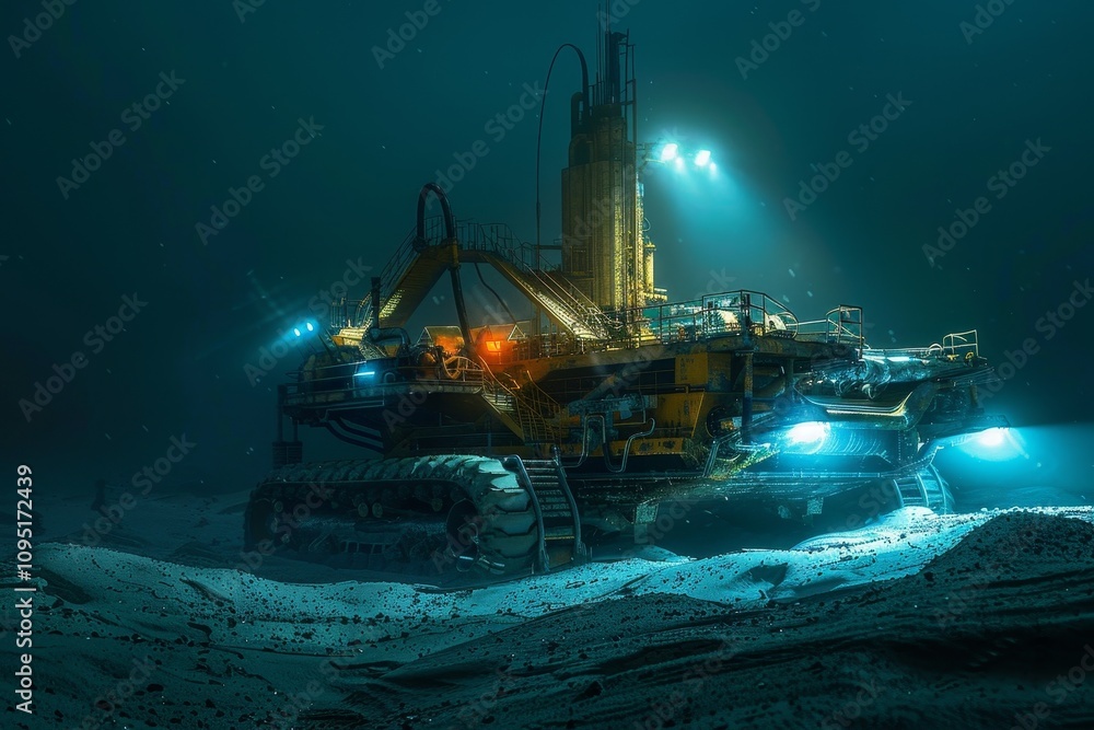 An alien-like automated mining station rests on the ocean floor, its lights piercing the deep-sea darkness as it sifts through sands for minerals. Seafloor mining.
