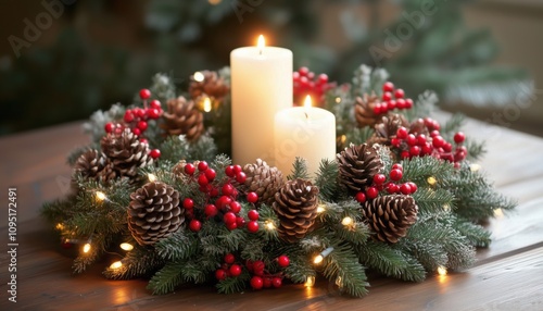 Rustic Christmas Celebration: Handcrafted Wreath With Pinecones And Berries On Wood Table, With Fir Garland, Candle, And Twinkling Lights.