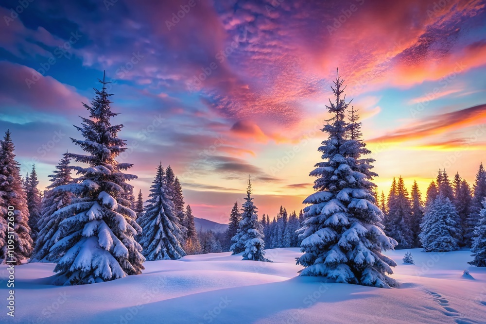 Fototapeta premium Watercolor Winter Twilight Landscape with Pine Trees and Snow at Dusk - Serene Evening Scenery for a Magical Winter Background