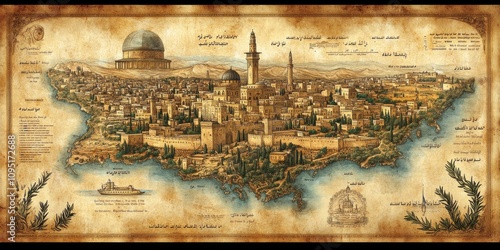 Artistic Depiction Of Jerusalem Cityscape Ancient Map Style