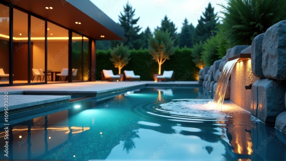 Luxury Modern Home Swimming Pool at Dusk Luxury Modern Home Swimming Pool at Dusk