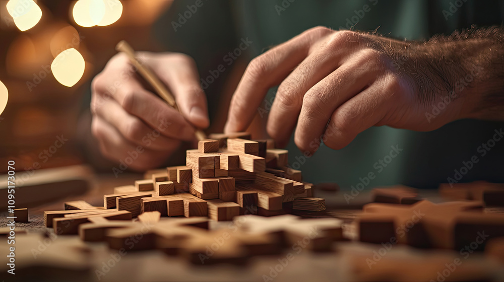 A craftsman carefully shapes wooden pieces, showcasing intricate craftsmanship and attention to detail in a warm, inviting workshop. A craftsman carefully shapes wooden pieces, showcasing intricate craftsmanship and attention to detail in a warm, inviting workshop.
