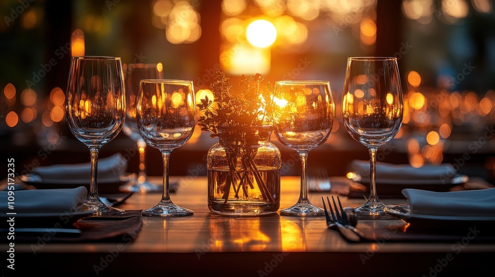 A beautifully set dining table with glasses and flowers, illuminated by a sunset. A beautifully set dining table with glasses and flowers, illuminated by a sunset.