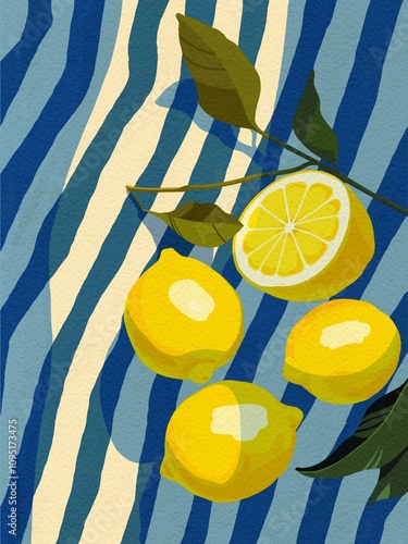 Lemons on a Striped Blue Tablecloth Art Print Poster