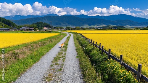 A lone cat walking down a dirt road through golden rice fields with mountains and clouds in the distance.