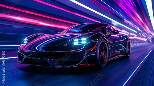 A sleek black sports car glides through a vibrant tunnel of neon lights, showcasing its futuristic design and powerful presence.