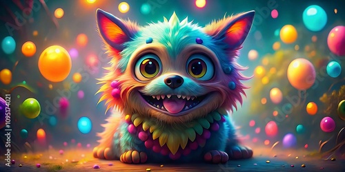 Whimsical Cartoon Dog Monster in Playful Bokeh Background - Vibrant Vector Art Illustration for Creative Projects and Fun Designs