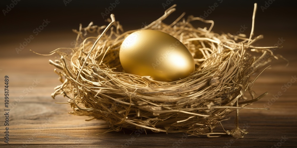 A gold egg is sitting in a nest made of twigs A gold egg is sitting in a nest made of twigs