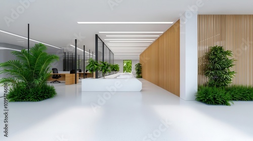 Blueprint for ecomodern office, bamboo partitions and solar tube lighting, 3D illustration photo