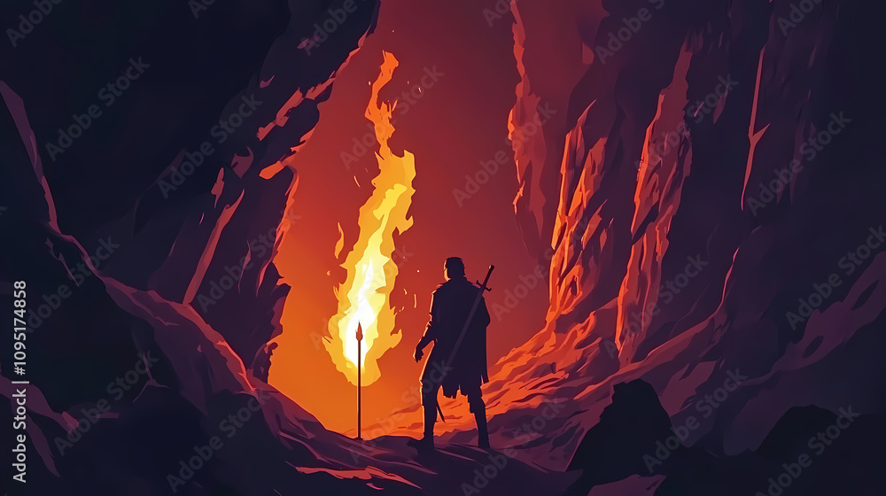 Fototapeta premium A lone warrior with a flaming torch stands in a cave, holding a sword. Flaming Torch Cave. Illustration