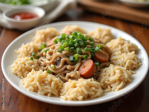 Lo mai gai or Lotus Rice is mostly a southern Chinese food. It contains glutinous rice filled with chicken, Chinese mushrooms, Chinese sausage, scallions, and sometimes dried shrimp or salted egg. photo