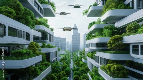 Greenery and sustainable environmental concept. Futuristic cityscape with drones and greenery integration.