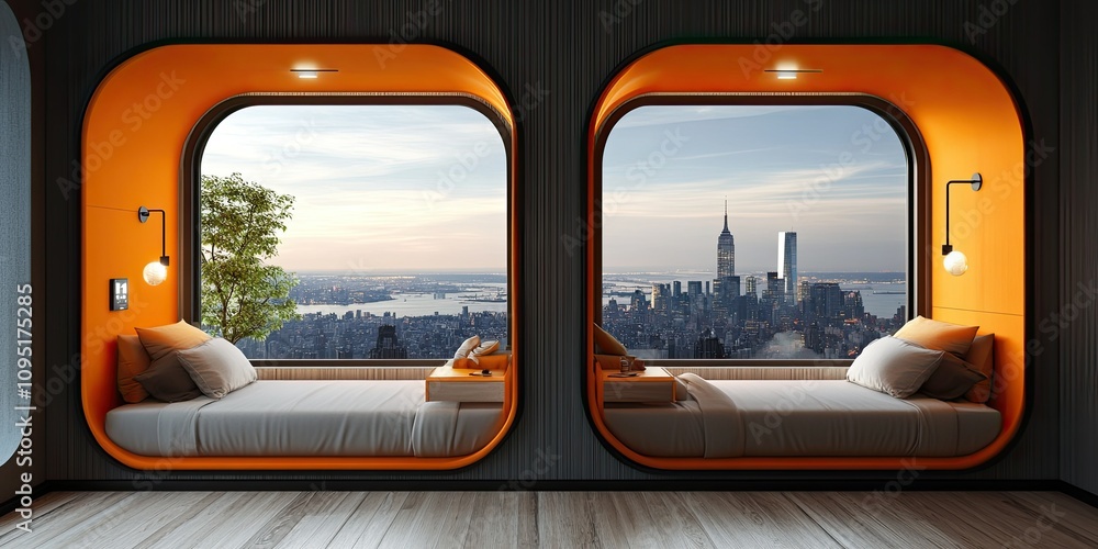 Fototapeta premium two banks orange and grey modern bedroom capsule area with large window and city view background 