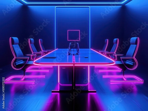 Hightech office blueprint, holographic meeting rooms and AIcontrolled lighting, 3D illustration photo