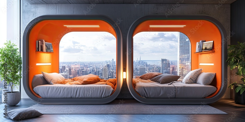 Fototapeta premium two banks orange and grey modern bedroom capsule area with large window and city view background 