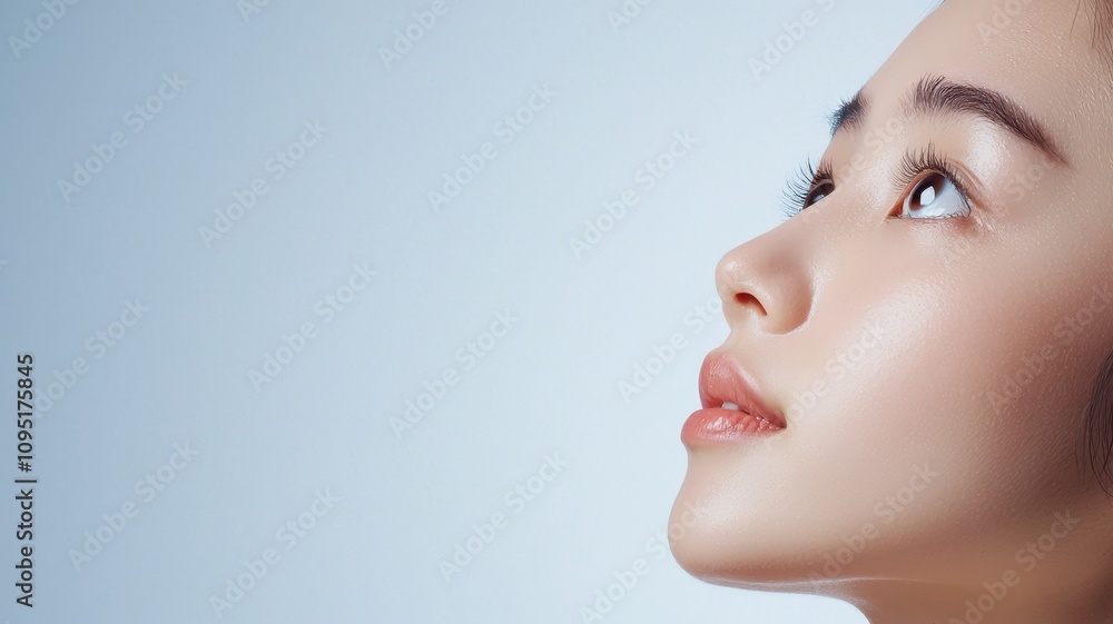 A close-up portrait of a young woman gazing upward against a soft blue background, reflecting calm and serenity. A close-up portrait of a young woman gazing upward against a soft blue background, reflecting calm and serenity.