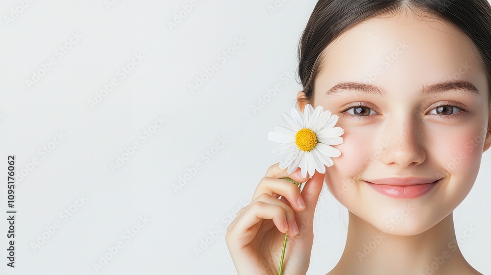 A young woman smiles while holding a daisy, exuding joy and natural beauty in a minimalist setting. A young woman smiles while holding a daisy, exuding joy and natural beauty in a minimalist setting.