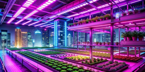 Urban Rooftop Garden - Neon Glow, Nighttime Cityscape, Green Spaces