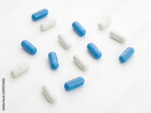 White and blue pills on a white background. Top view. Close-up. Medical background.