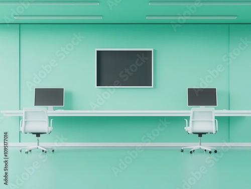 Futuristic office layout, techintegrated workstations and modular furniture, 3D illustration photo