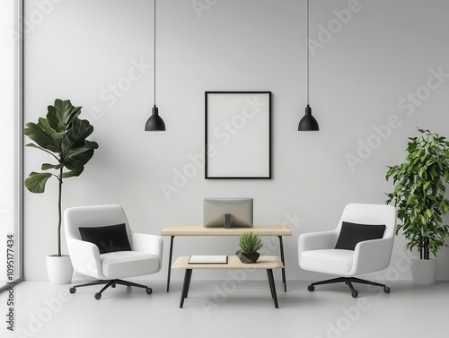 Modern office blueprint, artistic lounges with gallerylike decor, 3D illustration photo