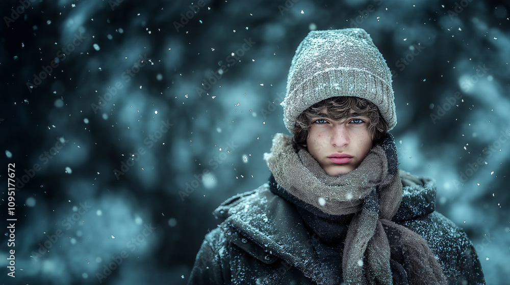 Realistic portrait of a young man in winter coat standing outdoors in the middle of snowy with small snowflakes gathering around captures the essence of winter. Realistic portrait of a young man in winter coat standing outdoors in the middle of snowy with small snowflakes gathering around captures the essence of winter.