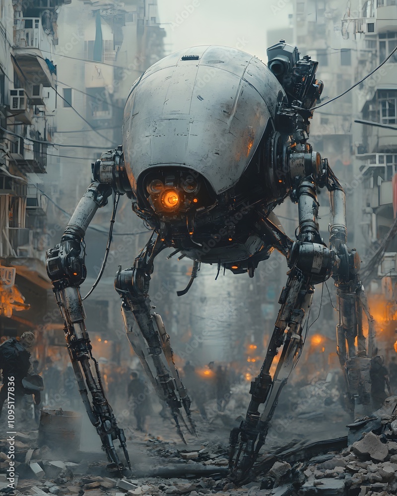Fototapeta premium A large quadruped robot moves through the ruins of a destroyed city. It has strong metal legs and a heavily armored body. It has powerful weapons mounted on its back suitable for use as a movie prop.
