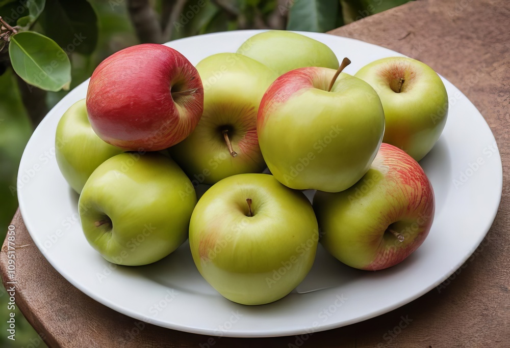 A plate of kahuil apples with green and red varieties A plate of kahuil apples with green and red varieties
