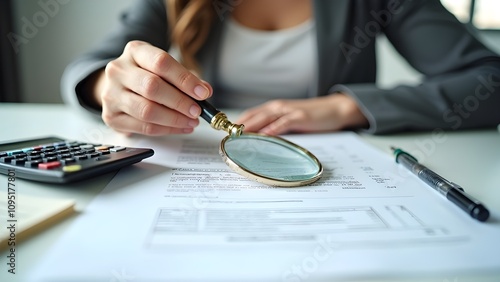 Women's hands with a magnifying glass conducting a tax investigation on a table, symbolizing financial scrutiny and tax analysis