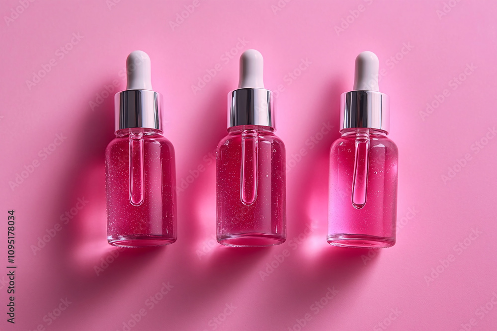Pink serum bottles, aesthetic top down view. Pink serum bottles, aesthetic top down view.