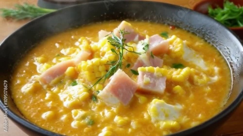 360-Degree Rotating Shot of Rich Corn Chowder with Ham, Cheese, and Chives on Rustic Wooden Table photo