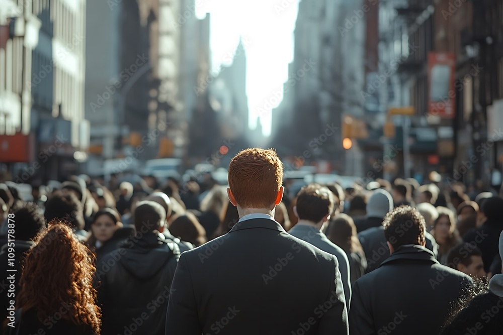 Redhead Businessman Commutes Rear View, City Crowd Blur Redhead Businessman Commutes Rear View, City Crowd Blur