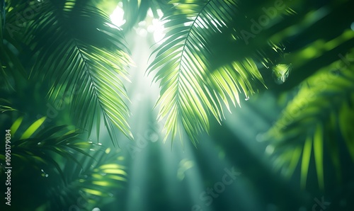 Sunlight Through Leaves, Capture beams of sunlight filtering through the palm leaves
