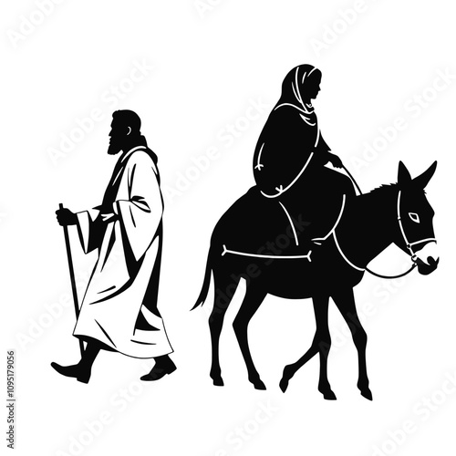 A vector silhouette featuring a man and a woman traveling together with a donkey on an isolated white background
