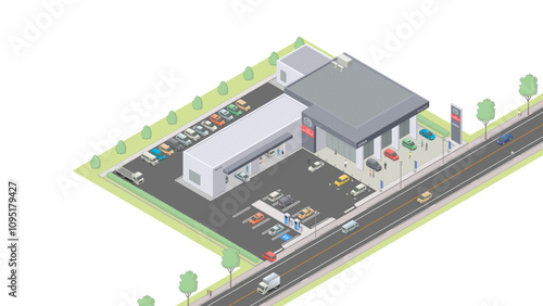 アイソメトリック図法で描いた新車販売店のイメージ / New car dealership. Isometric illustration