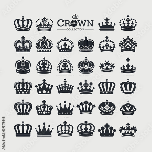 Royal Crown Collection: A diverse set of 30 unique crown icons, perfect for regal designs, branding, or heraldic projects.  Each crown features a distinct silhouette and design.