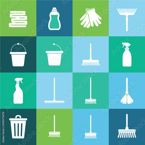 A vector set of cleaning icons featuring silhouettes of bottles, brushes, and mops, perfect for kitchen or laboratory design photo