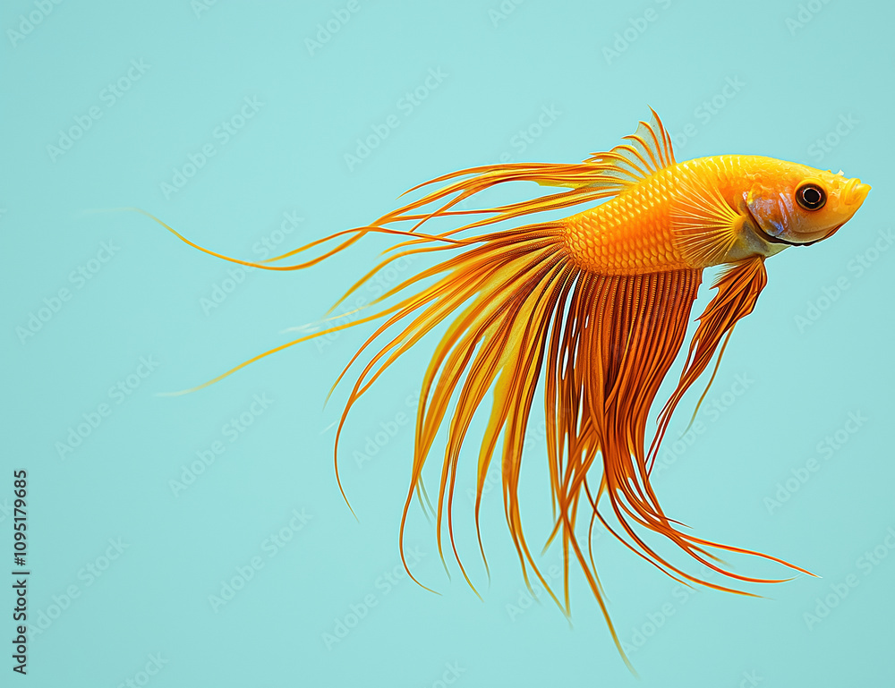 Vibrant Siamese fighting fish with long fins swimming gracefully in turquoise water. This stunning fish showcases its bright orange color and flowing fins, creating captivating underwater scene Vibrant Siamese fighting fish with long fins swimming gracefully in turquoise water. This stunning fish showcases its bright orange color and flowing fins, creating captivating underwater scene