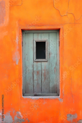 A weathered green door is set into a textured orange wall, merging old charm with vibrant energy.