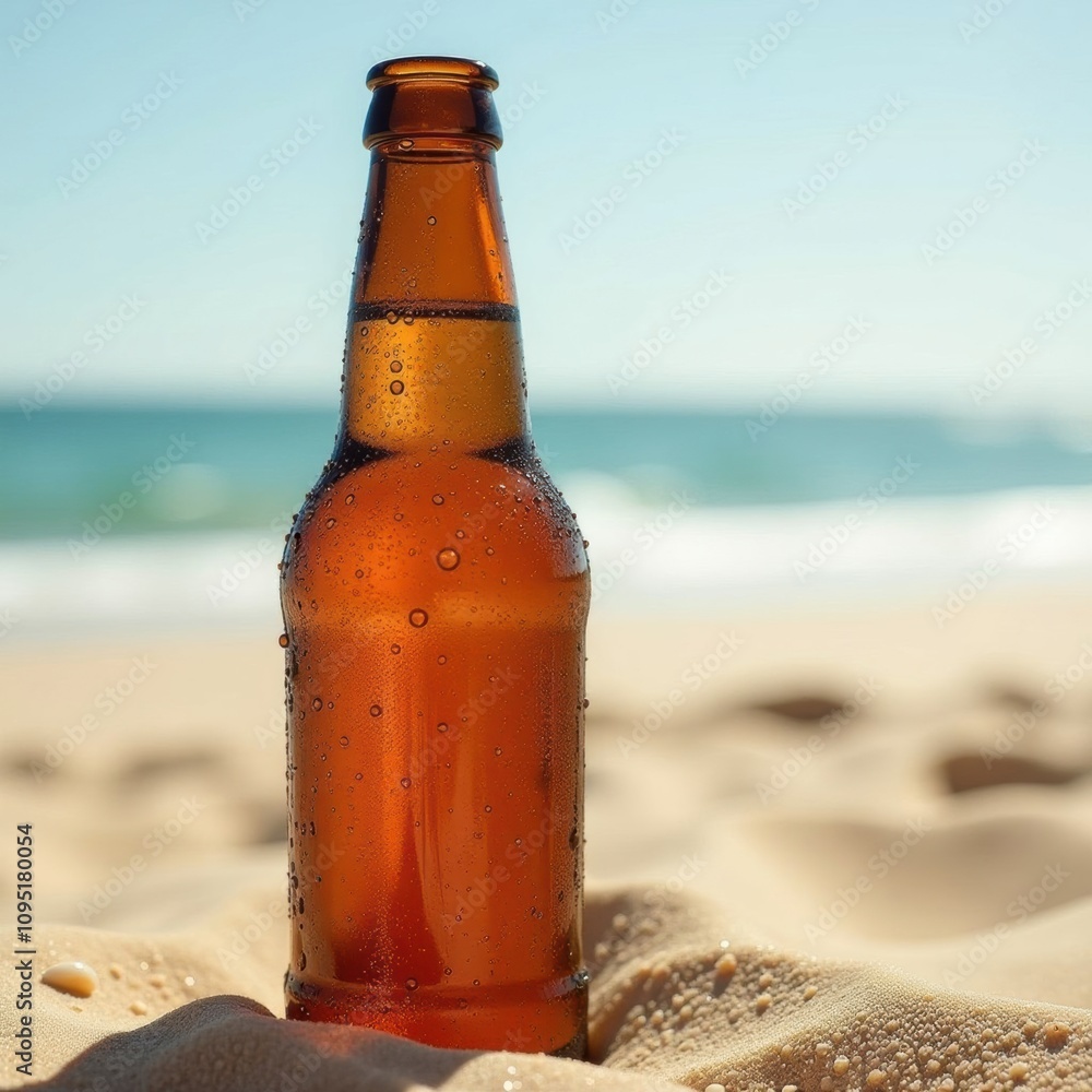 Sweating beer bottle on a sunny beach with sandy background Sweating beer bottle on a sunny beach with sandy background