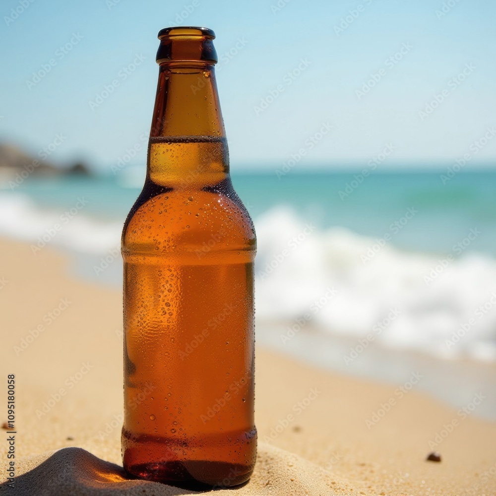 Sweating beer bottle on a sunny beach with sandy background Sweating beer bottle on a sunny beach with sandy background