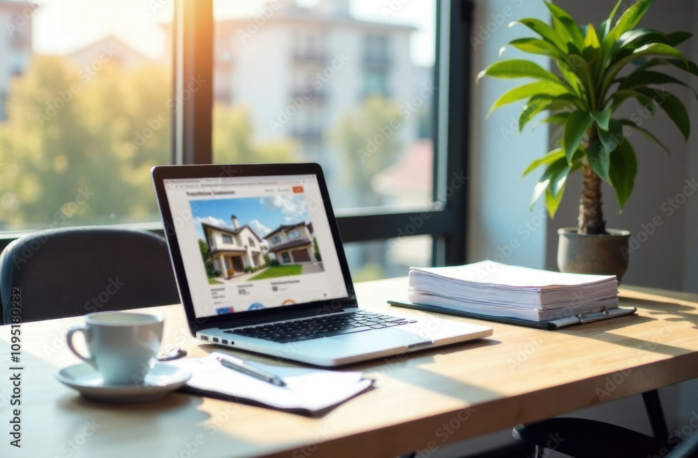 Modern real estate agent desk with laptop and documents Modern real estate agent desk with laptop and documents