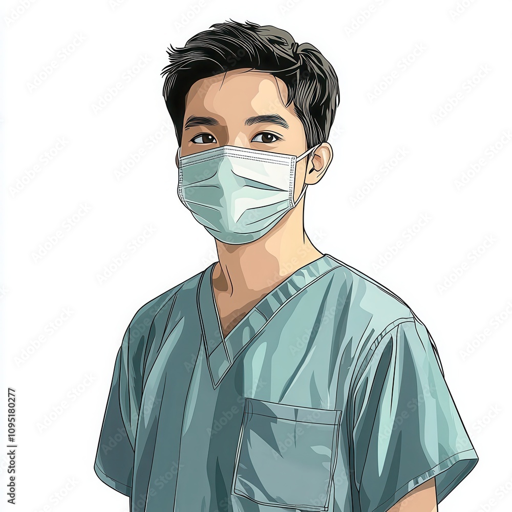 A detailed vector illustration of a young male nurse in scrubs and a face mask, designed with professional t-shirt quality in mind. A detailed vector illustration of a young male nurse in scrubs and a face mask, designed with professional t-shirt quality in mind.