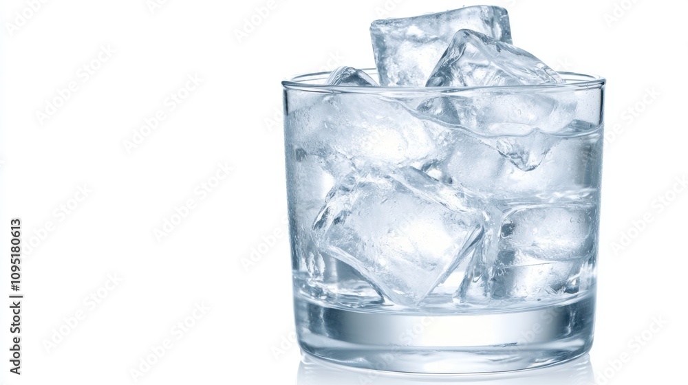 Refreshing Cold Water Garnished With Ice Cubes in a Clear Glass on a Minimalist White Background Refreshing Cold Water Garnished With Ice Cubes in a Clear Glass on a Minimalist White Background