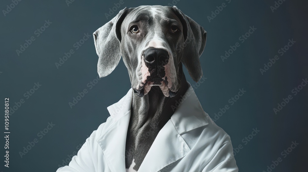 A large breed dog wears a white lab coat, standing upright and looking confidently at the camera. The dog appears to embody a scientist character in a controlled studio environment. A large breed dog wears a white lab coat, standing upright and looking confidently at the camera. The dog appears to embody a scientist character in a controlled studio environment.