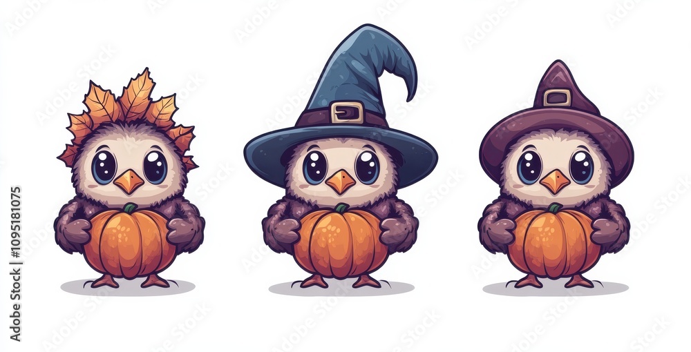 Fototapeta premium Happy Thanksgiving turkey wearing a witch hat and holding pumpkin